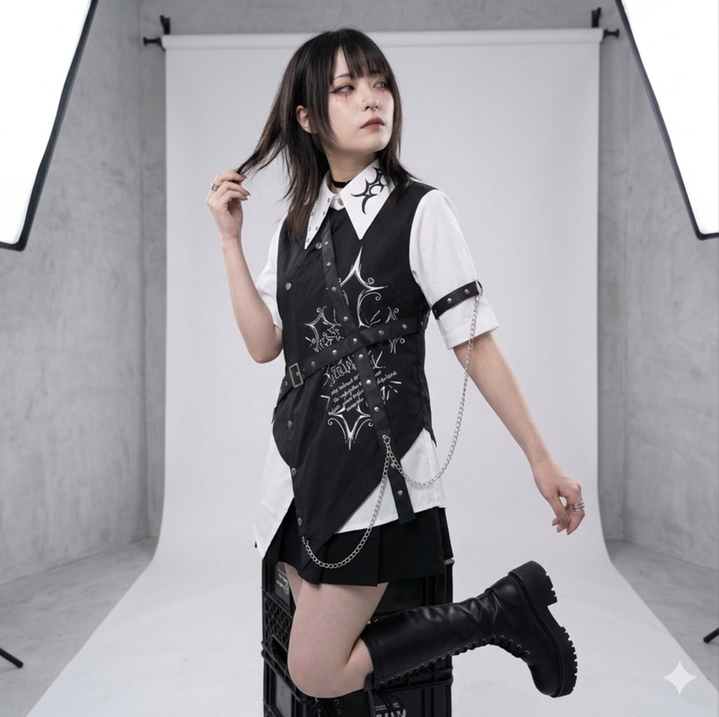 Jillpunk パンク NANA系 V系 ロック ヘヴィメタル バンギャ 黒誓の騎士 重ね着風 鎖チェーン付き 刺繡入り フェイクベスト アシンメトリー 半袖 マニッシュ ドレスシャツ メンズ レディーズ おしゃれ男女兼用