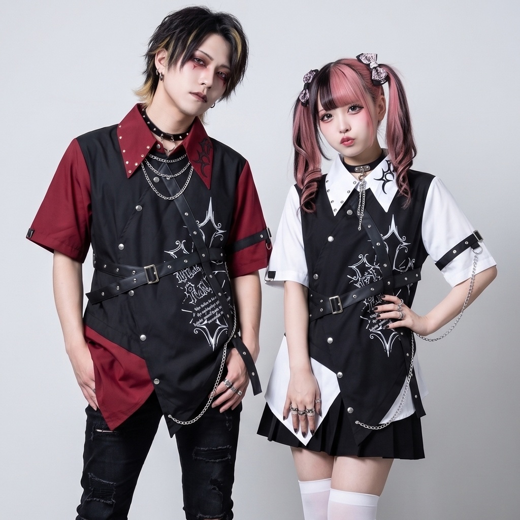 Jillpunk パンク NANA系 V系 ロック ヘヴィメタル バンギャ 黒誓の騎士 重ね着風 鎖チェーン付き 刺繡入り フェイクベスト アシンメトリー 半袖 マニッシュ ドレスシャツ メンズ レディーズ おしゃれ男女兼用