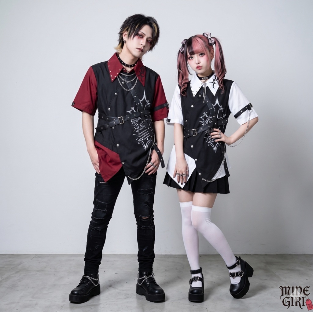Jillpunk パンク NANA系 V系 ロック ヘヴィメタル バンギャ 黒誓の騎士 重ね着風 鎖チェーン付き 刺繡入り フェイクベスト アシンメトリー 半袖 マニッシュ ドレスシャツ メンズ レディーズ おしゃれ男女兼用