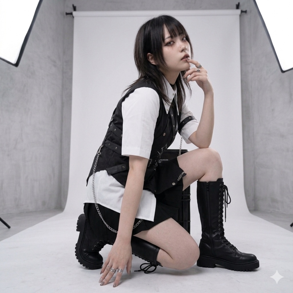 Jillpunk パンク NANA系 V系 ロック ヘヴィメタル バンギャ 黒誓の騎士 重ね着風 鎖チェーン付き 刺繡入り フェイクベスト アシンメトリー 半袖 マニッシュ ドレスシャツ メンズ レディーズ おしゃれ男女兼用