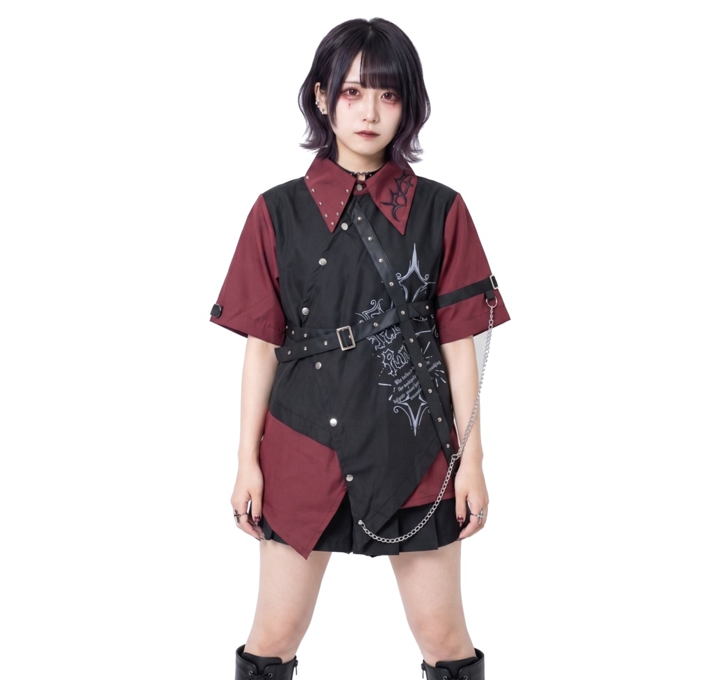 Jillpunk パンク NANA系 V系 ロック ヘヴィメタル バンギャ 黒誓の騎士 重ね着風 鎖チェーン付き 刺繡入り フェイクベスト アシンメトリー 半袖 マニッシュ ドレスシャツ メンズ レディーズ おしゃれ男女兼用