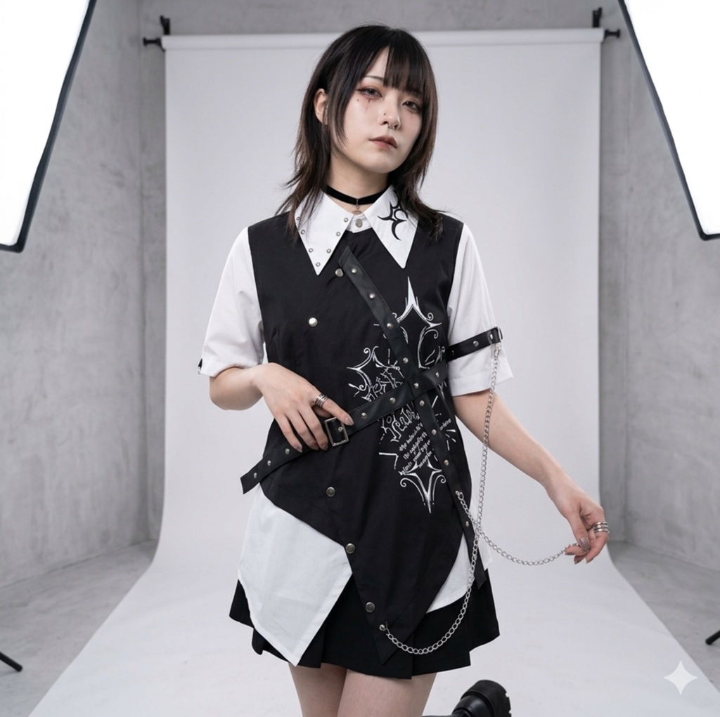 Jillpunk パンク NANA系 V系 ロック ヘヴィメタル バンギャ 黒誓の騎士 重ね着風 鎖チェーン付き 刺繡入り フェイクベスト アシンメトリー 半袖 マニッシュ ドレスシャツ メンズ レディーズ おしゃれ男女兼用