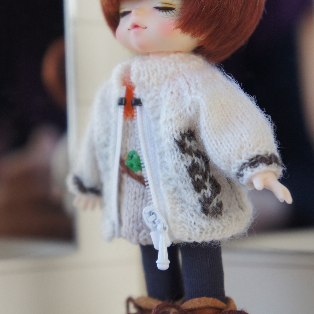 【即納品】襟なし・ファスナー 白色 トリ柄 カウチンジャケット