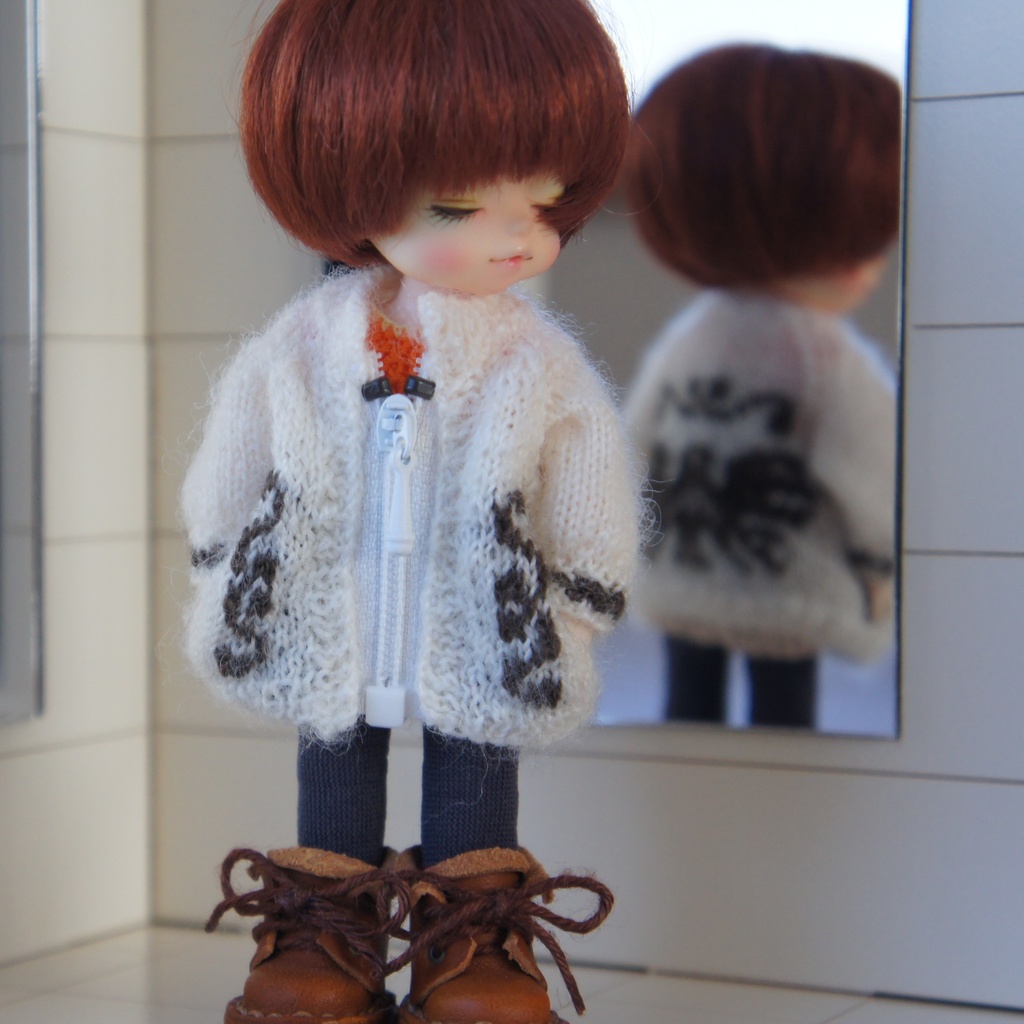 【即納品】襟なし・ファスナー 白色 トリ柄 カウチンジャケット