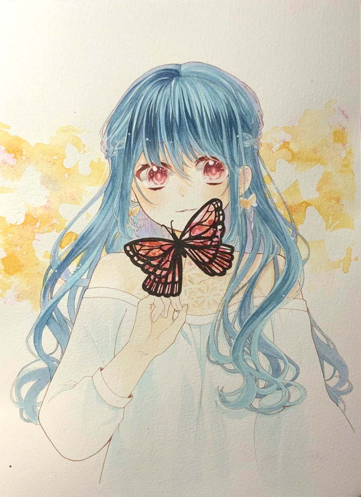 アナログ原画　オリジナル「蝶々と少女」