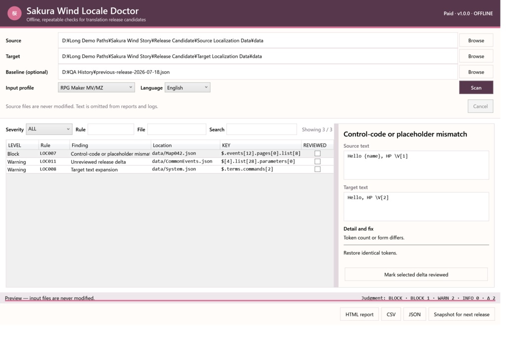 Sakura Wind Locale Doctor Paid v1.0.0 — オフライン公開前ローカライズQA
