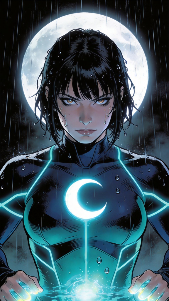 Moon Water Ninja – Rain Face Close-up | 4K Mobile Wallpaper (9:16)