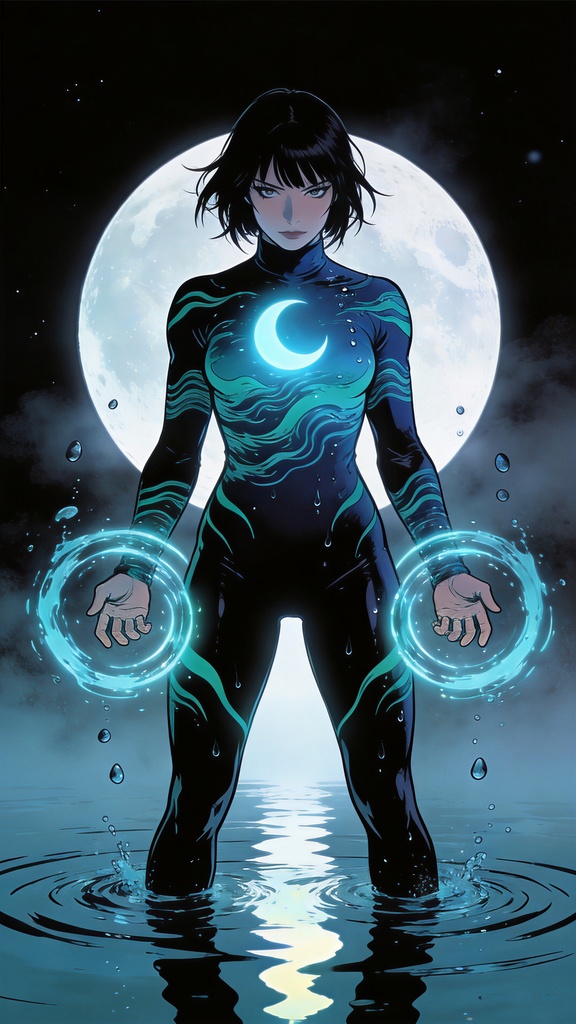 Moon Water Ninja – Full Body Water Power | 4K Smartphone Wallpaper (9:16)