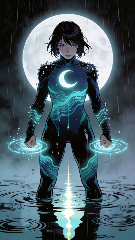 Moon Water Ninja – Rain Edition Full Body | 4K Mobile Background (9:16)