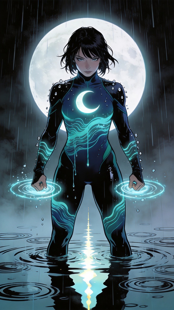 Moon Water Ninja – Rain Edition Full Body | 4K Mobile Background (9:16)