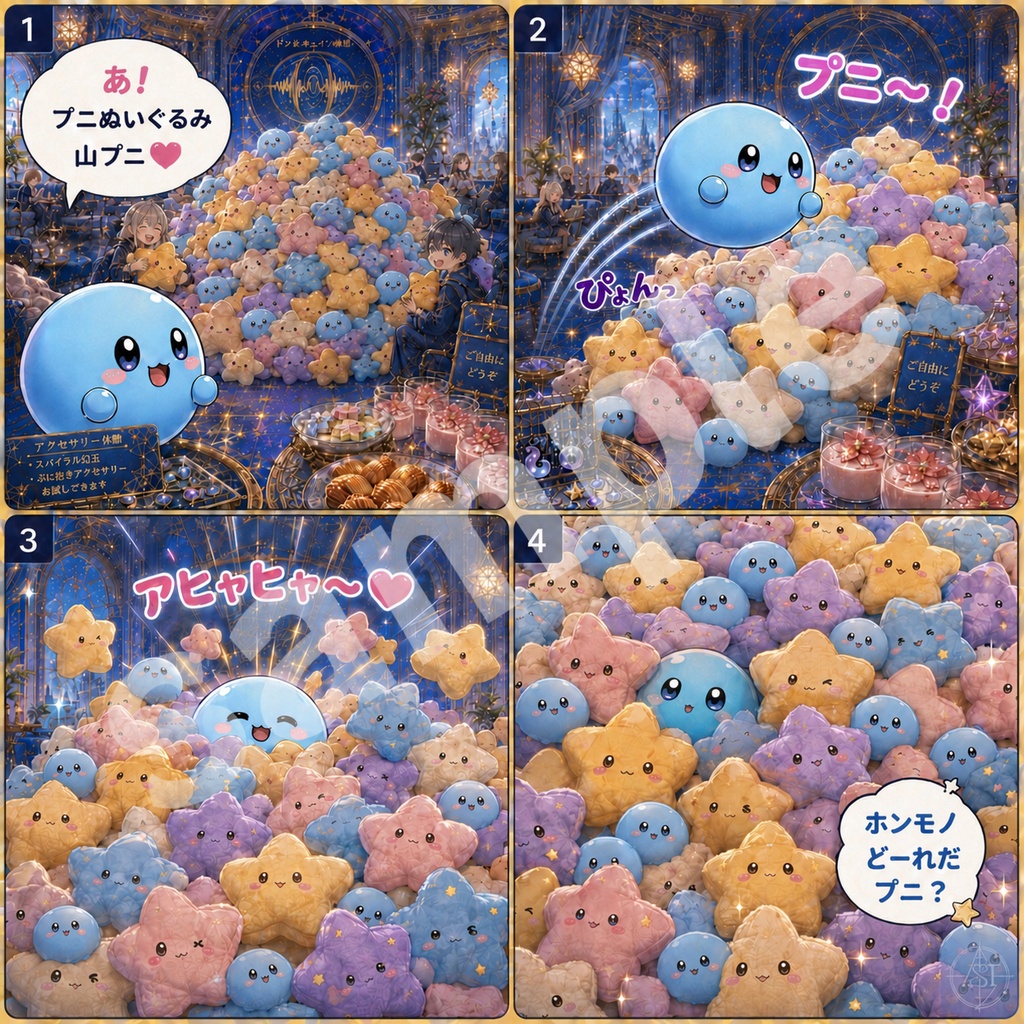 ムースフィアのプニっと4コマ 02｜プニぬいぐるみ山にダイブするプニ