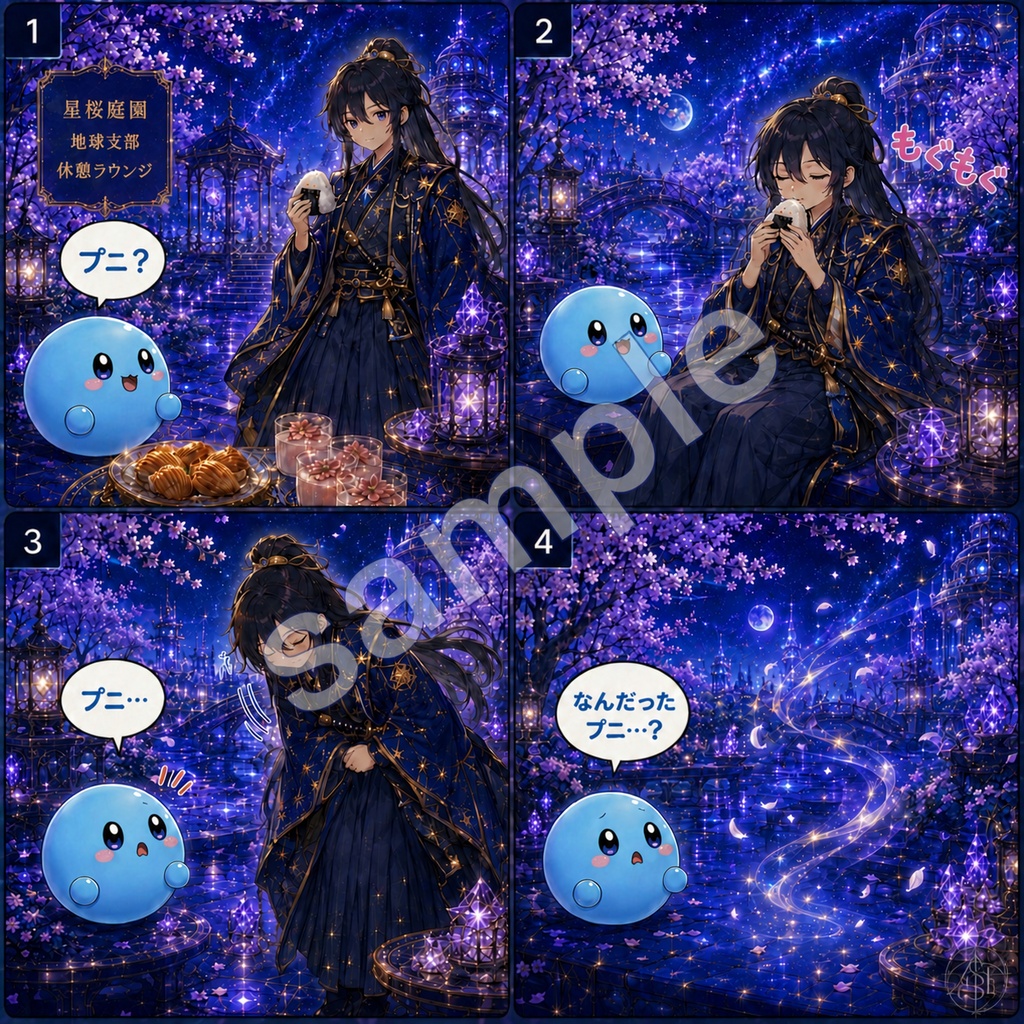ムースフィアのプニっと4コマ 03｜おにぎり侍、星桜庭園に現れるプニ