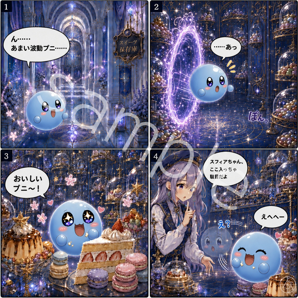 ムースフィアのプニっと4コマ 04 スイーツ保存庫に入っちゃったプニ