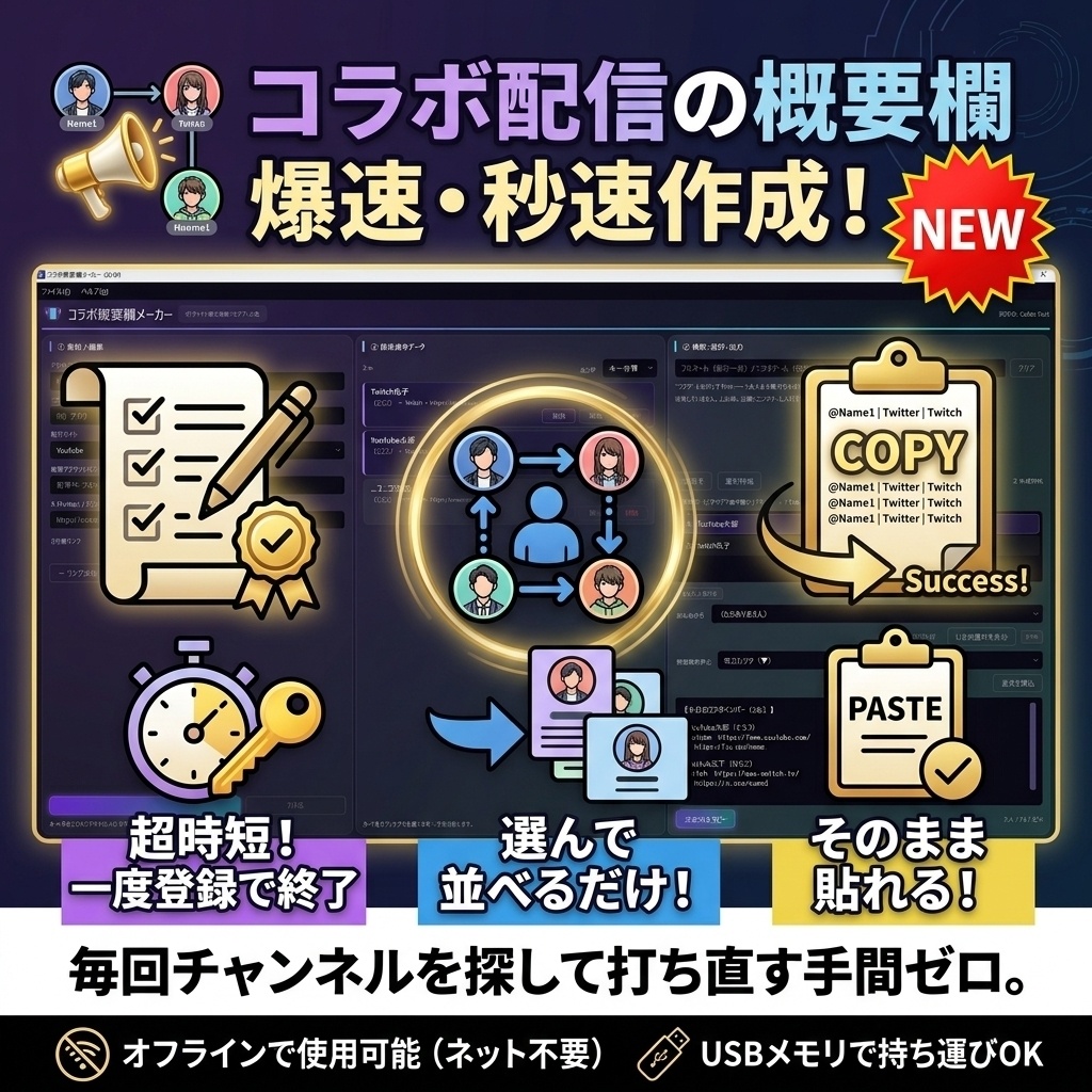 【秒速作成】コラボ概要欄メーカー ｜選んで並べるだけで完成！配信準備の手間をゼロにする神ツール✨【VTuber・配信者必見】🎁【無料体験版あり】