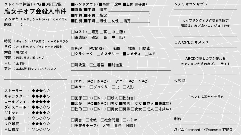 【2025更新】【クトゥルフ神話TRPG】「腐女子オフ会殺人事件」【SPLL:E108749】