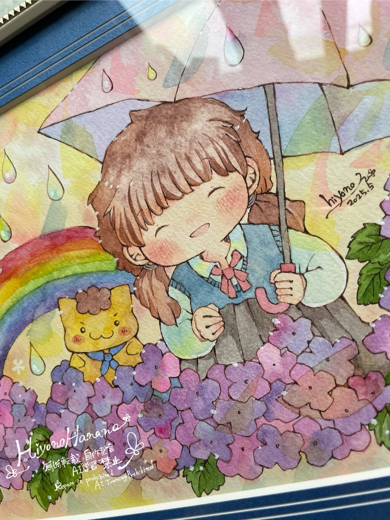 額装済みイラスト原画「にじあじさい」