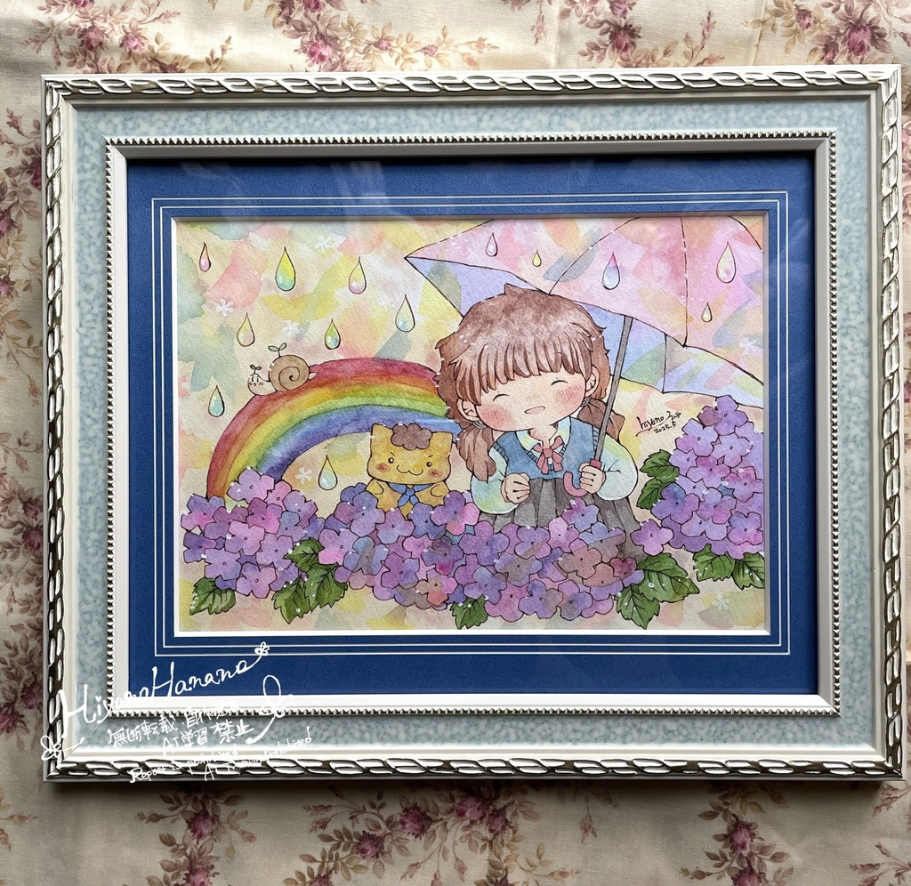 額装済みイラスト原画「にじあじさい」