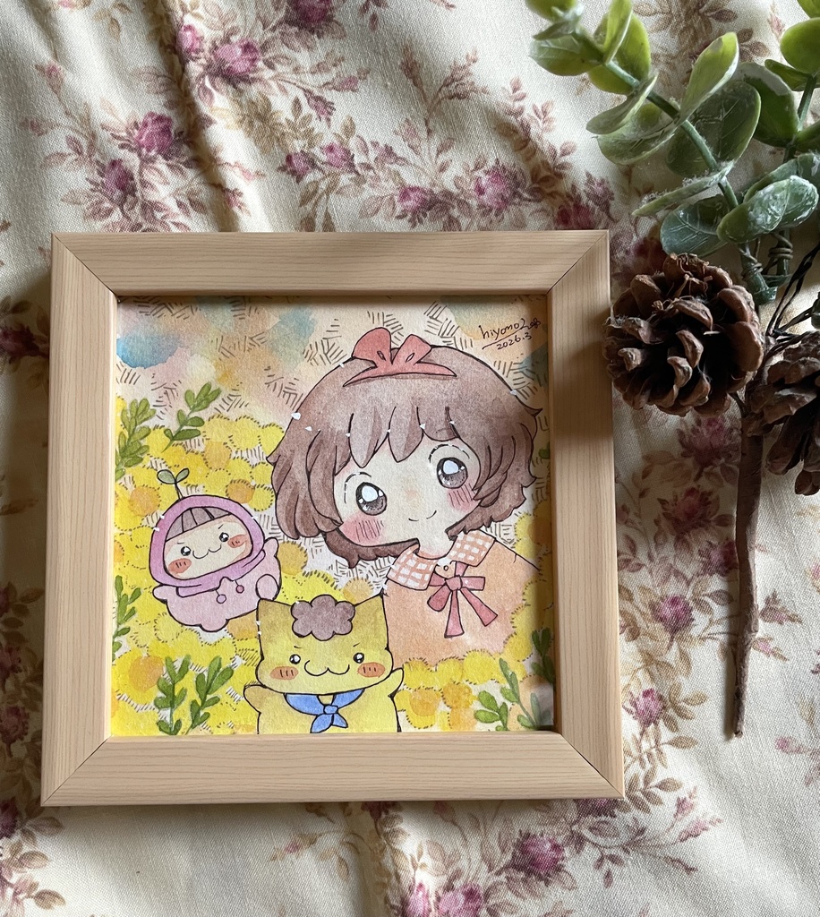 額装済みイラスト原画「ミモザ畑」