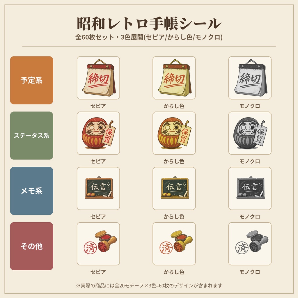昭和レトロなGoodNotes手帳シール60枚セット(予定・ステータス・メモ管理/透過PNG)