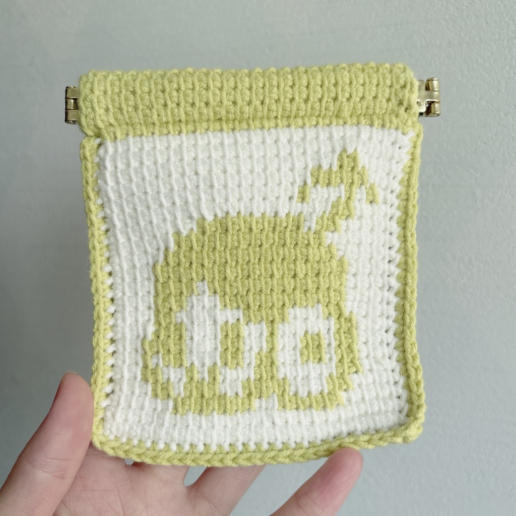 💚美子さんモチーフ アフガン編みばねポーチ（緑ラカラー）
