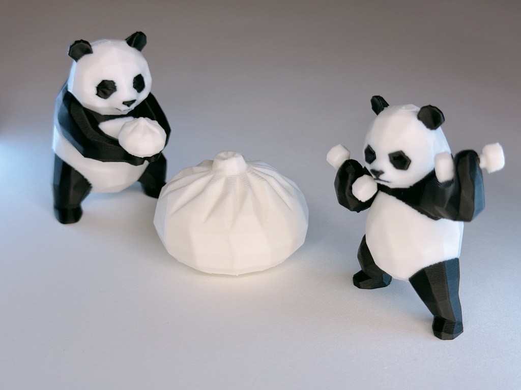 筋トレパンダ&肉まんパンダ&巨大小籠包の3Dプリント用データ(色分け済みの3mf)