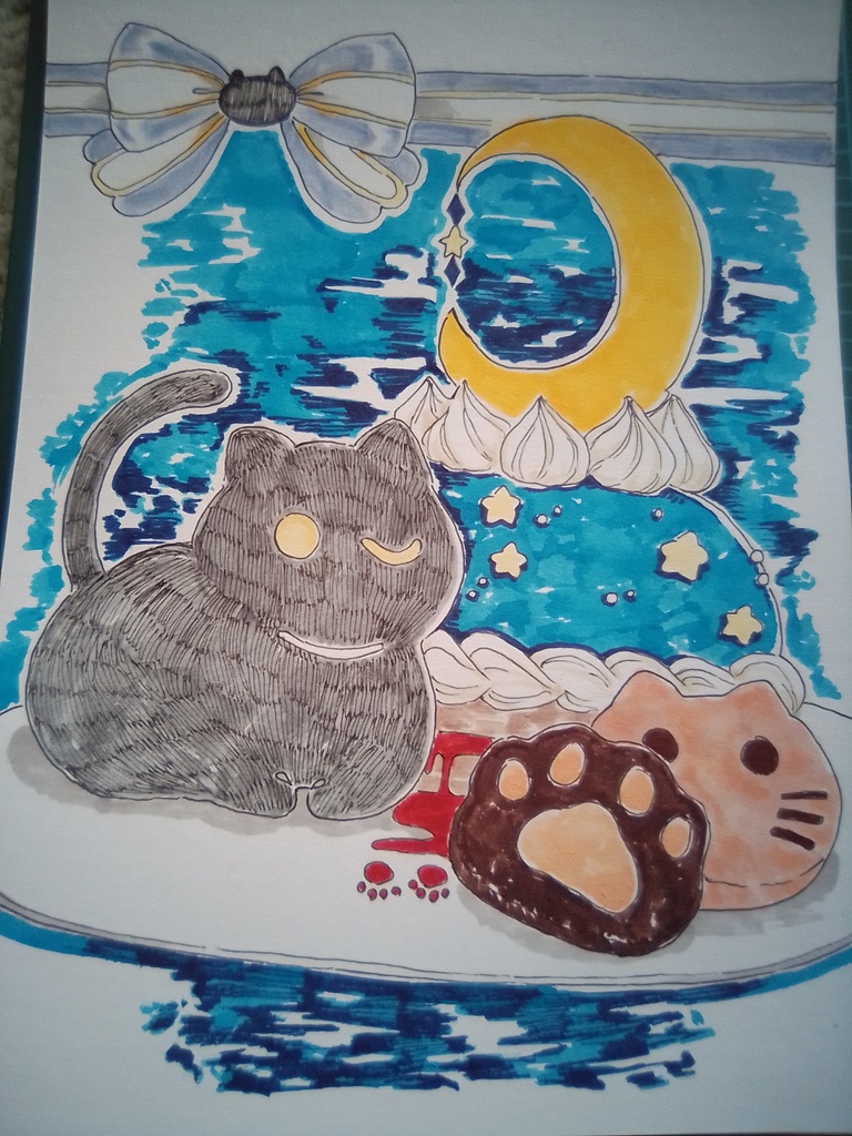 【オリジナル】手描きイラスト 黒猫とスイーツ