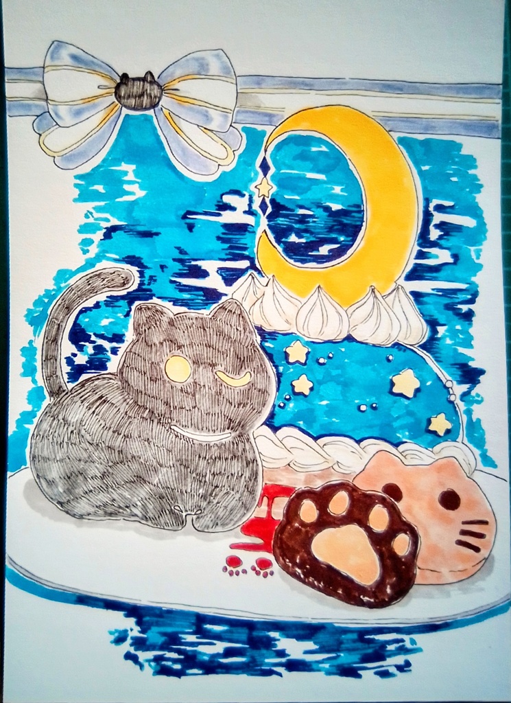 【オリジナル】手描きイラスト 黒猫とスイーツ