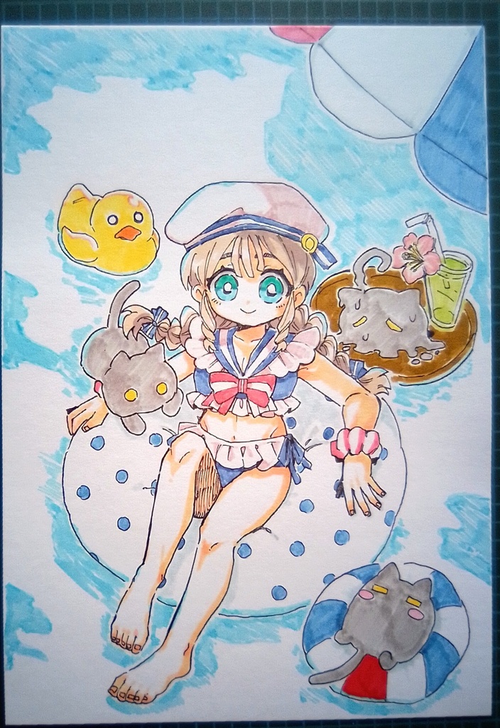 【オリジナルイラスト】黒猫と水着の女の子は浮き輪でゆったり