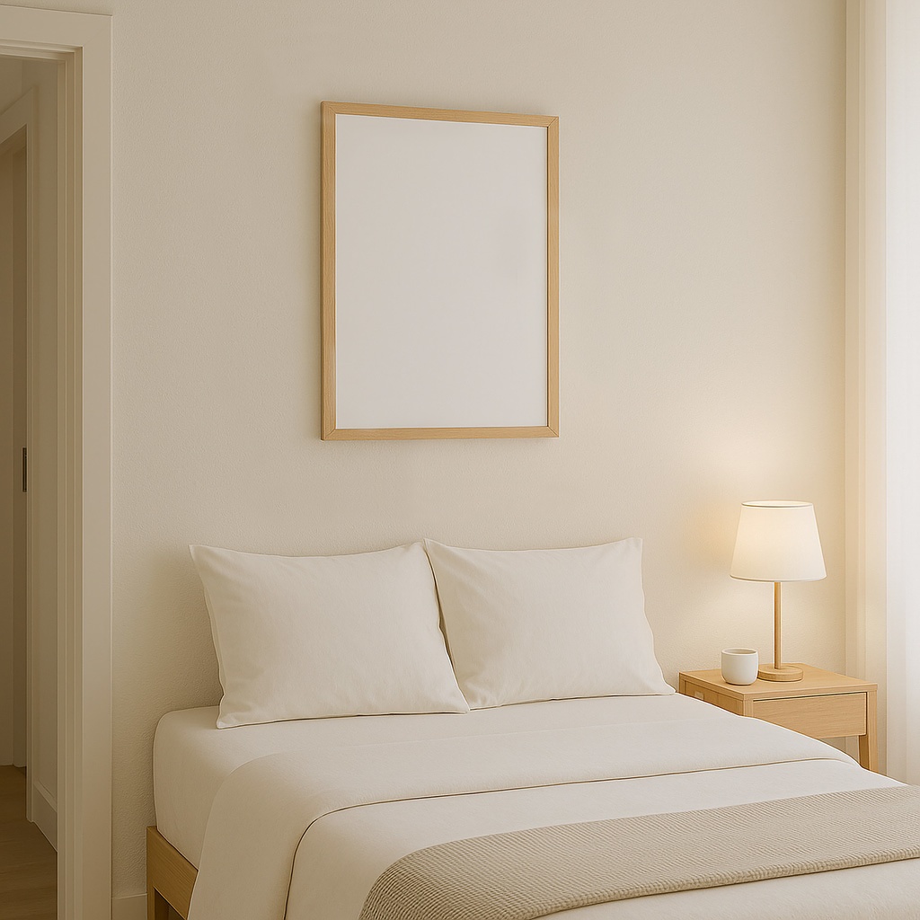 正方形ポスター用 モックアップ素材｜Japandiベッドルーム｜白紙フレーム
