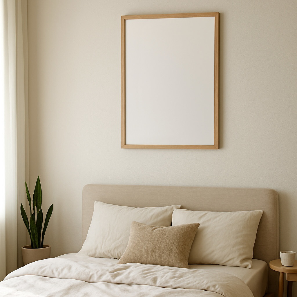 正方形ポスター用 モックアップ素材｜Japandiベッドルーム｜白紙フレーム