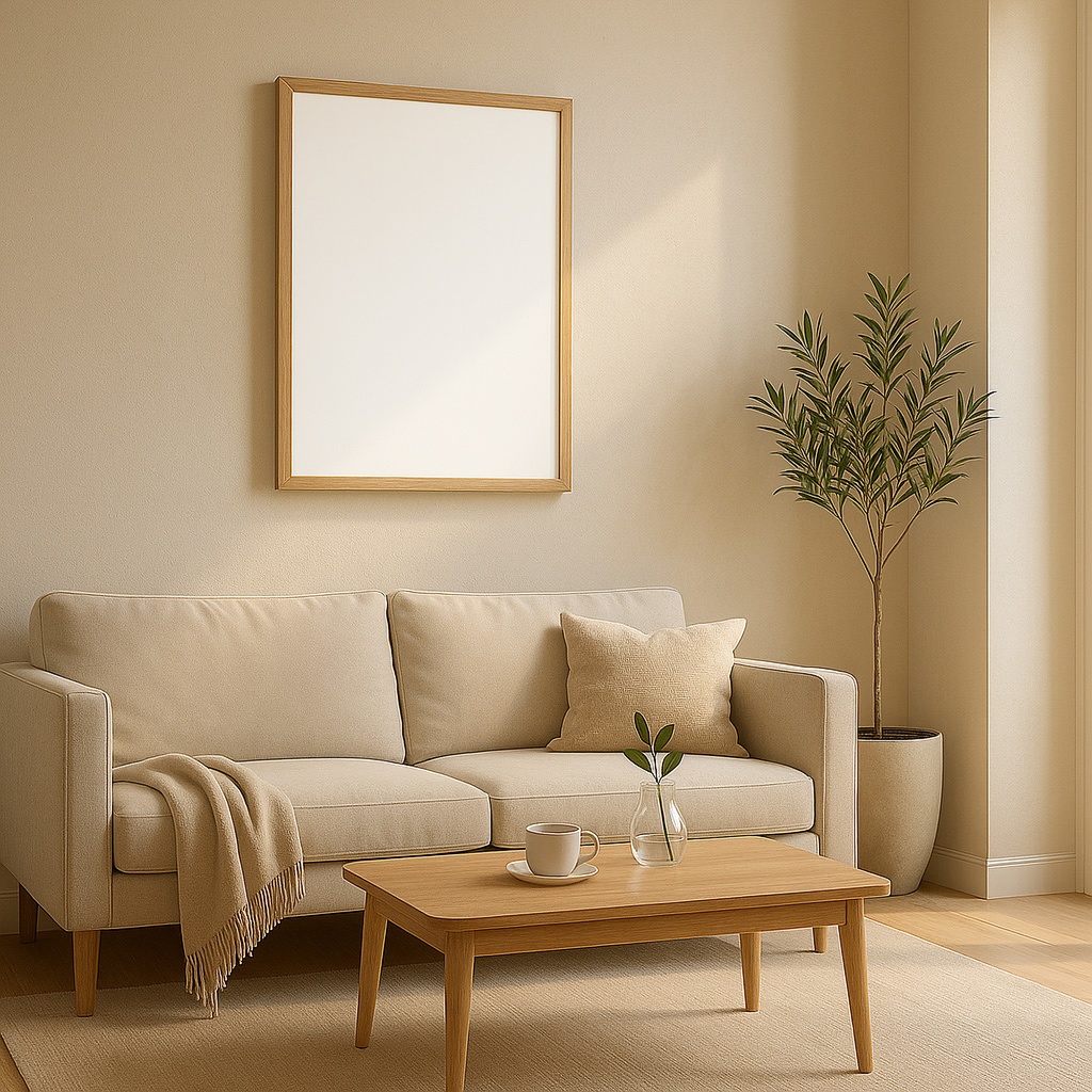 正方形ポスター用 モックアップ素材｜Japandiリビングルーム｜白紙フレーム