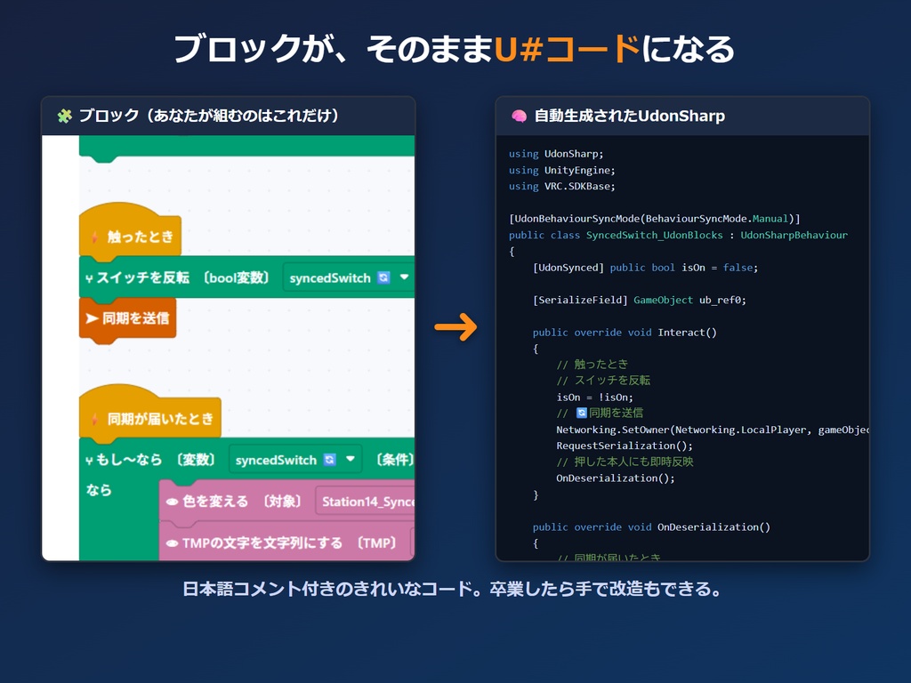UdonBlocks - スクラッチ感覚でVRChatギミック【プログラミング不要/日本語ブロック/U#自動生成】
