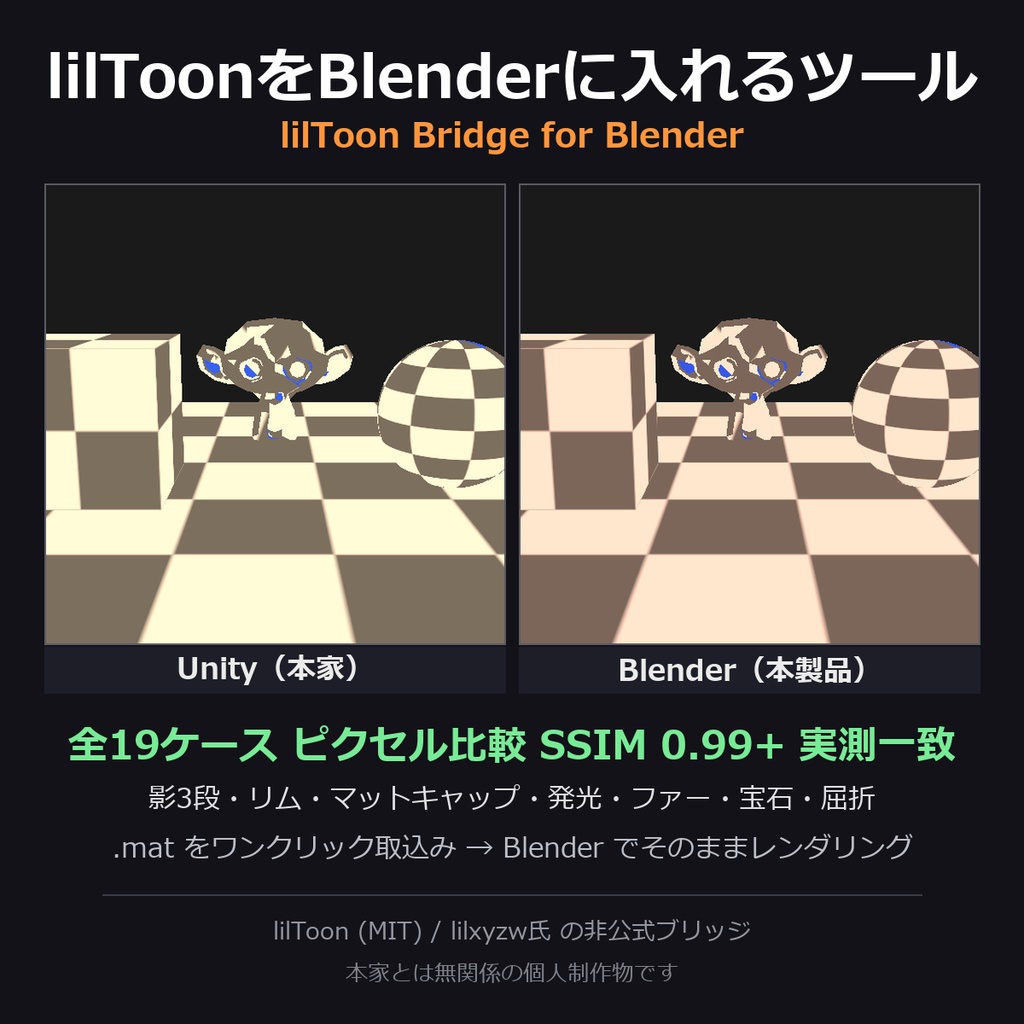 lilToonをBlenderに入れるツール - Unityと同じ見た目のままレンダリング【.mat読込/全19ケース実測一致/非公式】