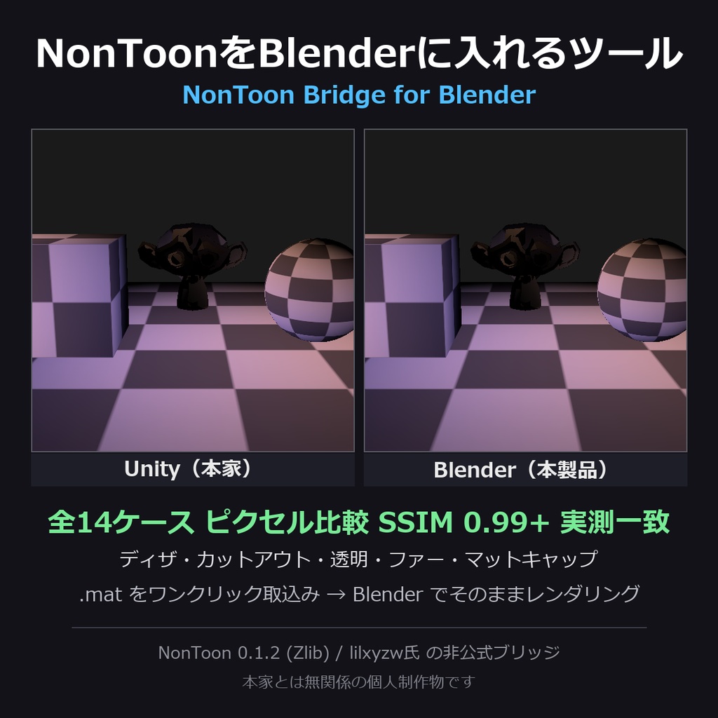 NonToonをBlenderに入れるツール - Unityと同じ見た目のままレンダリング【.mat読込/全14ケース実測一致/非公式】