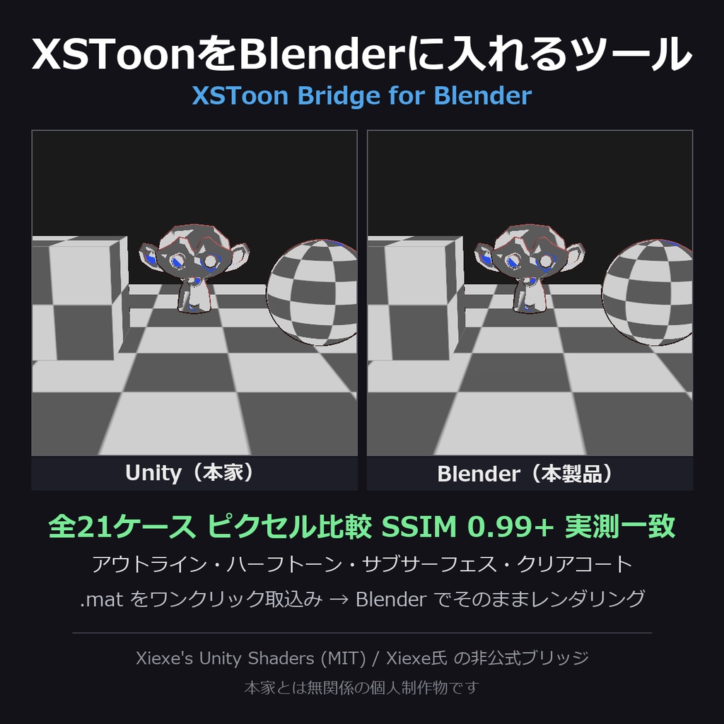 XSToonをBlenderに入れるツール - Unityと同じ見た目のままレンダリング【.mat読込/全21ケース実測一致/非公式】