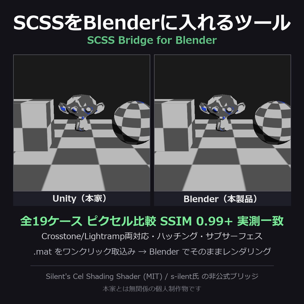 SCSSをBlenderに入れるツール - Unityと同じ見た目のままレンダリング【.mat読込/全19ケース実測一致/非公式】