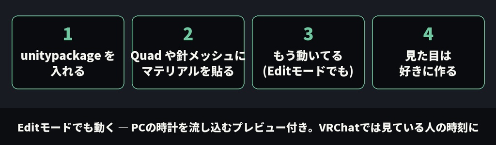 【オリジナル腕時計モデル付き】import_time - VRChatの本物の時刻で動く時計シェーダーキット【Udon不要/アナログ・デジタル・7セグ・ニキシー・パタパタ/日付・世界時計】