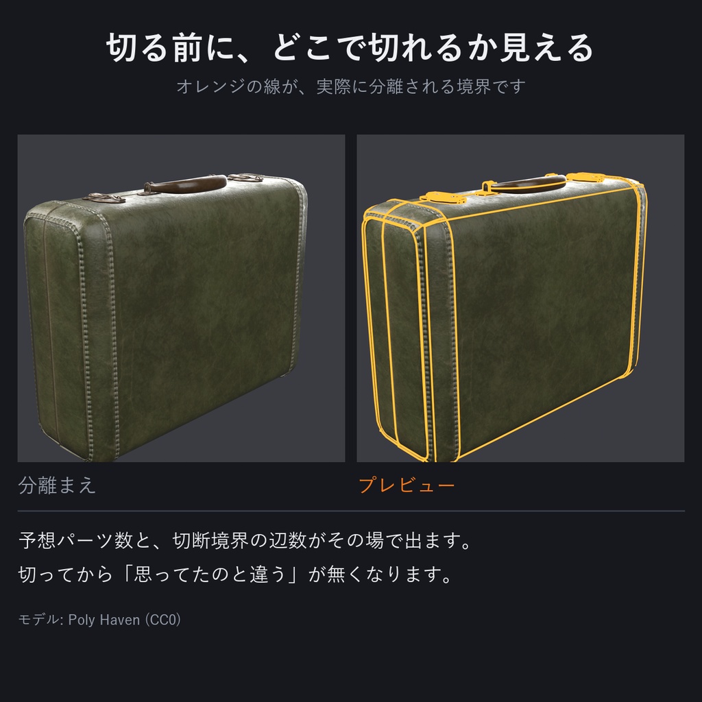 パーツばらし - Blenderでも、Unityでも。選ぶだけでトグル用パーツに【キメラ化、切る前にプレビュー/ワンクリックで元通り/シェイプキー・ウェイト保持】