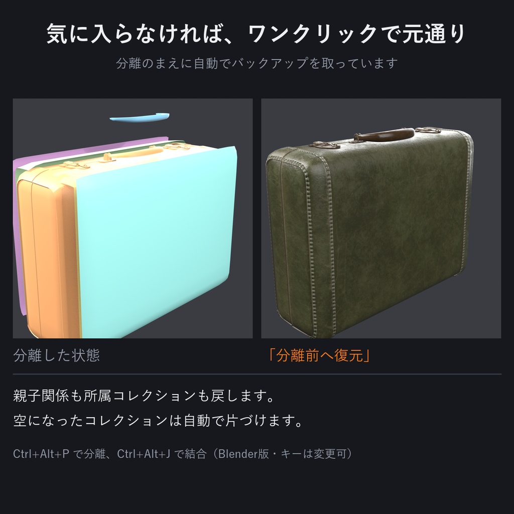パーツばらし - Blenderでも、Unityでも。選ぶだけでトグル用パーツに【キメラ化、切る前にプレビュー/ワンクリックで元通り/シェイプキー・ウェイト保持】