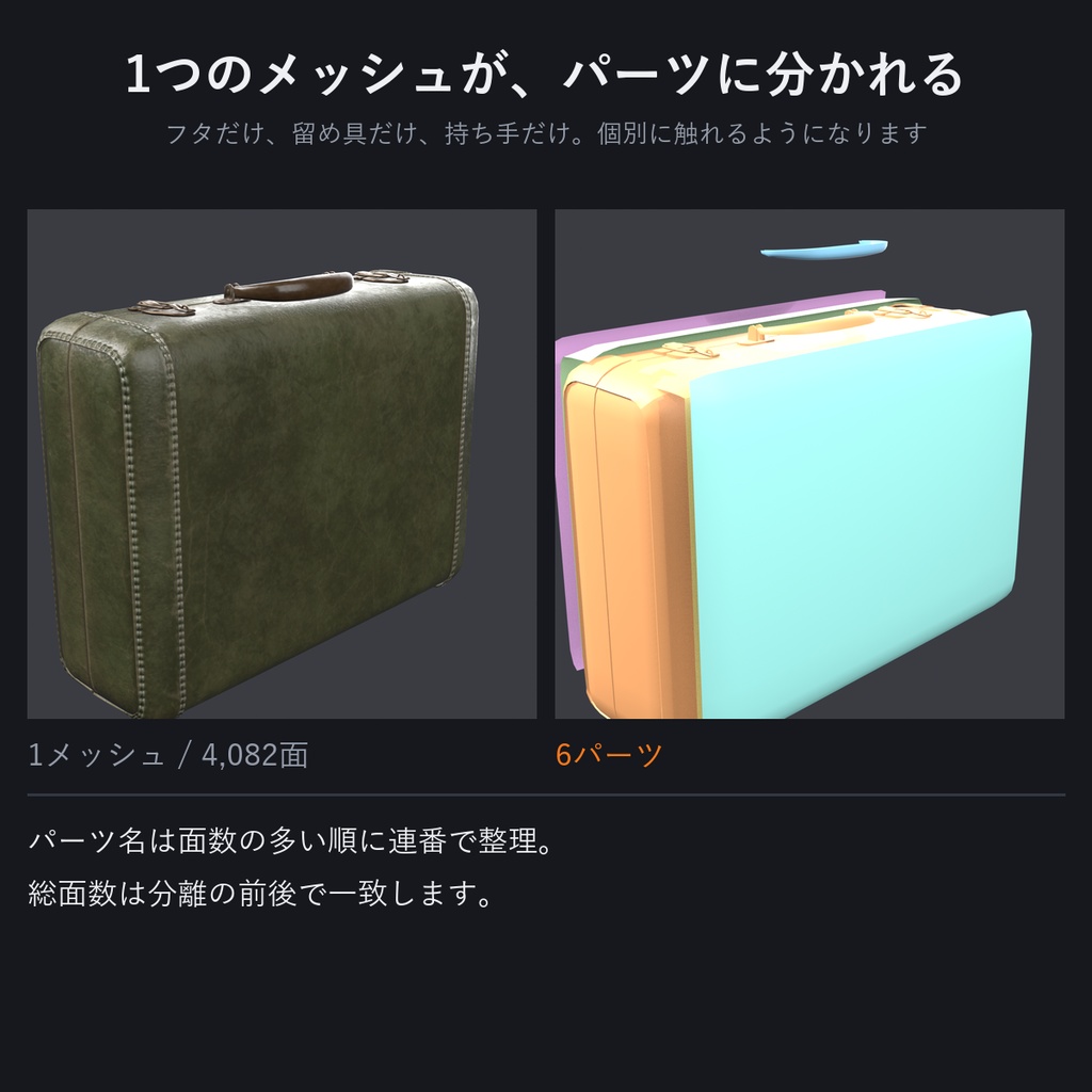 パーツばらし - Blenderでも、Unityでも。選ぶだけでトグル用パーツに【キメラ化、切る前にプレビュー/ワンクリックで元通り/シェイプキー・ウェイト保持】