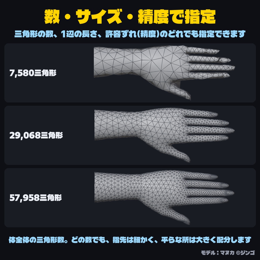 Tri Remesh - 形を崩さず均一な三角ポリゴンに【ウェイト・シェイプキー・UV引き継ぎ/一致率で自動調整/左右対称】
