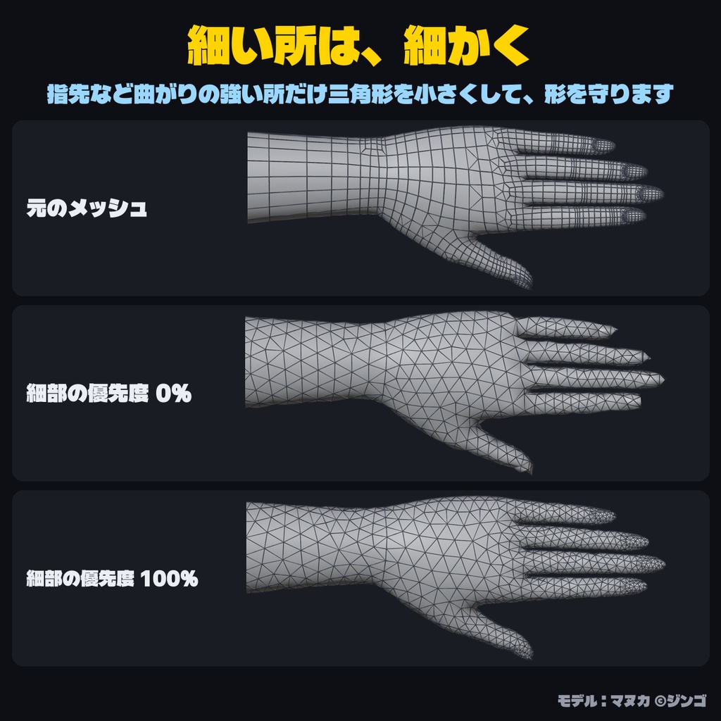 Tri Remesh - 形を崩さず均一な三角ポリゴンに【ウェイト・シェイプキー・UV引き継ぎ/一致率で自動調整/左右対称】