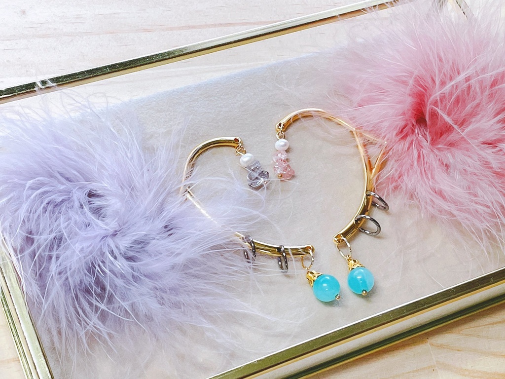 旧作SALE🐾天然石×淡水真珠×マラボーファーイヤーフック【五月雨江、村雲江】