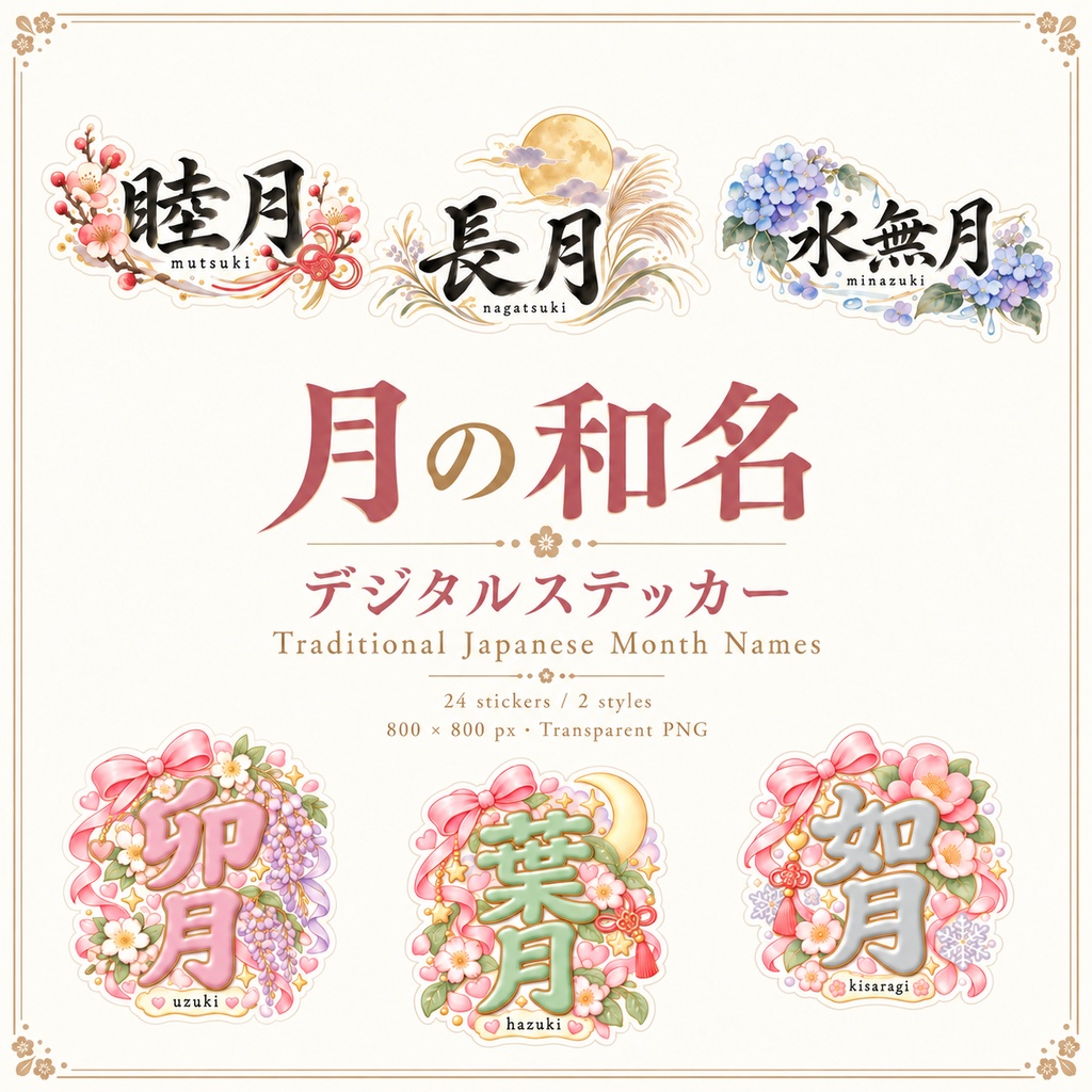 月の和名デジタルステッカー24個｜Japanese Month Names・2 Styles