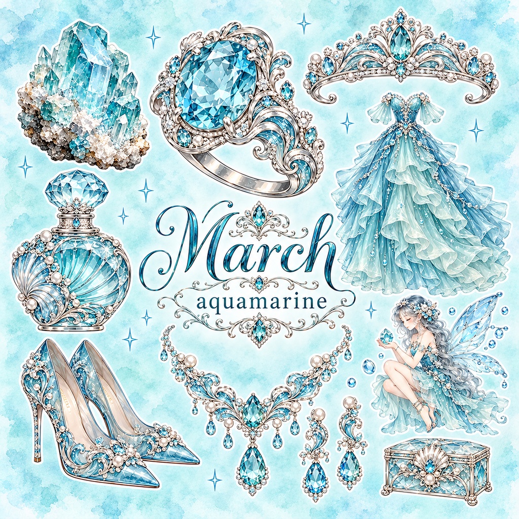 3月の誕生石 アクアマリン|デジタルステッカー11枚|March Aquamarine