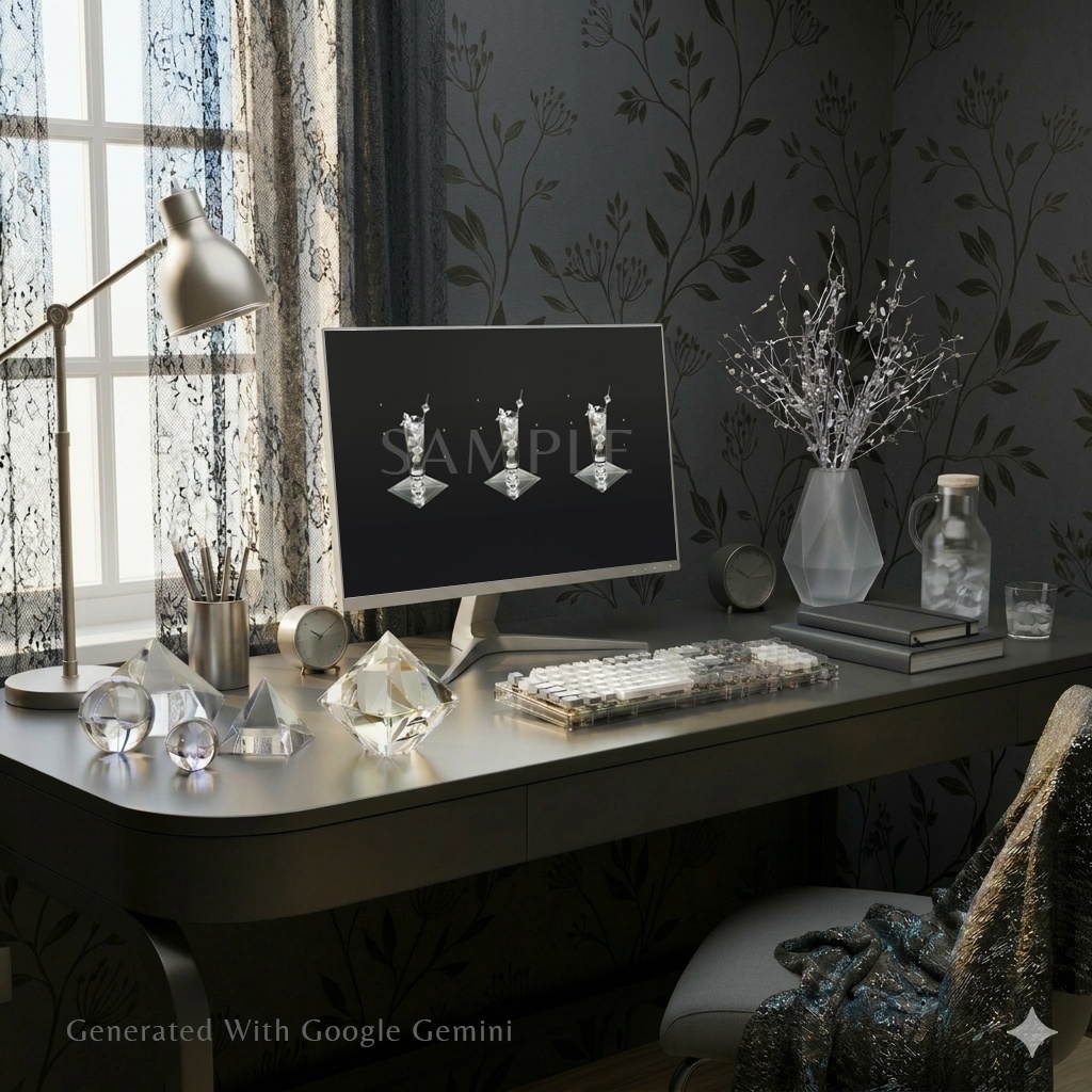 【デジタル壁紙4枚入】閃耀を貫く波の煌めき:ダイヤモンド×ハーブウォーター(3Dアート)