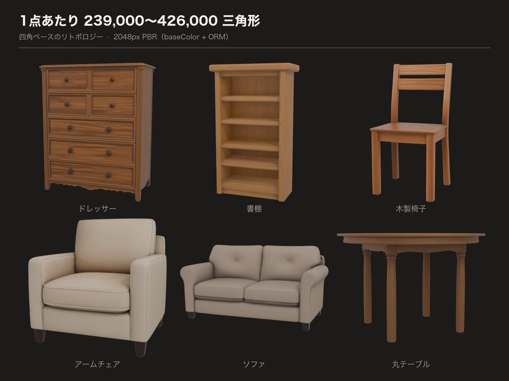 高精細 家具モデル 16点セット Vol.1(glTF / FBX・実寸)