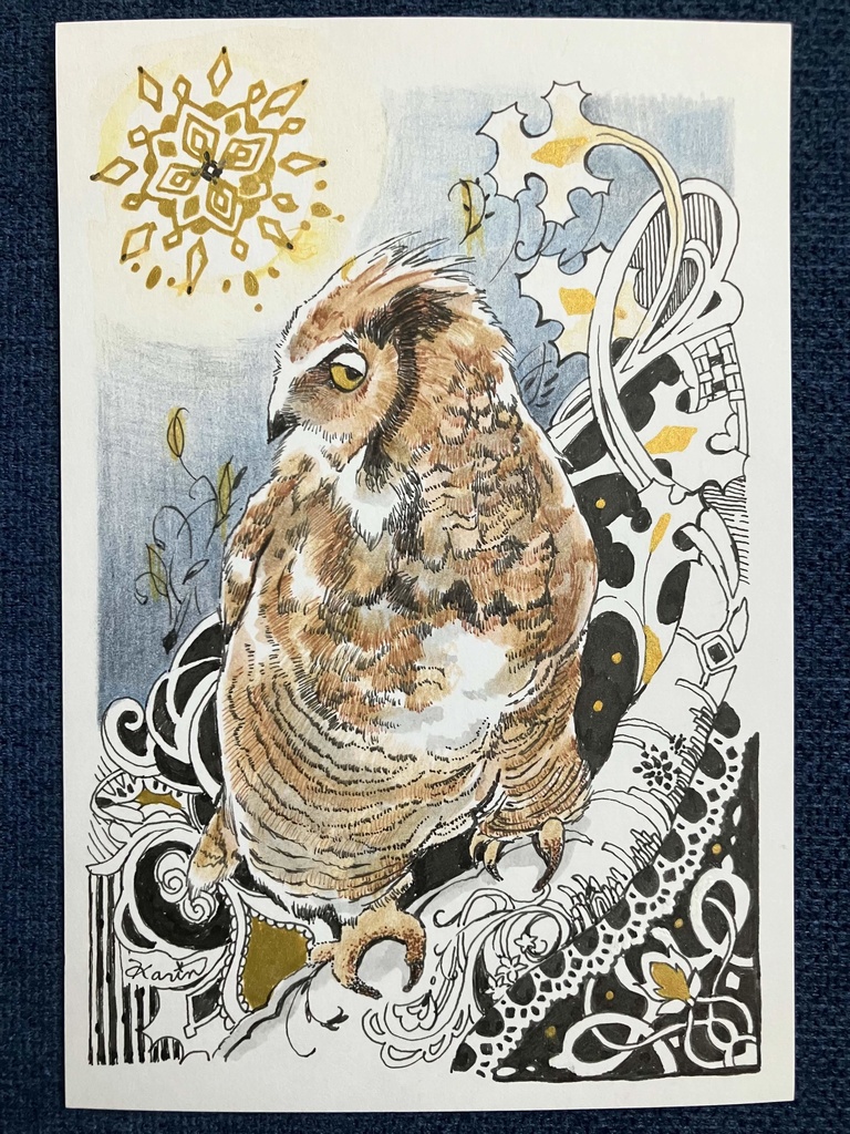 ドローイング手描きイラスト　ミミズクの夜　原画