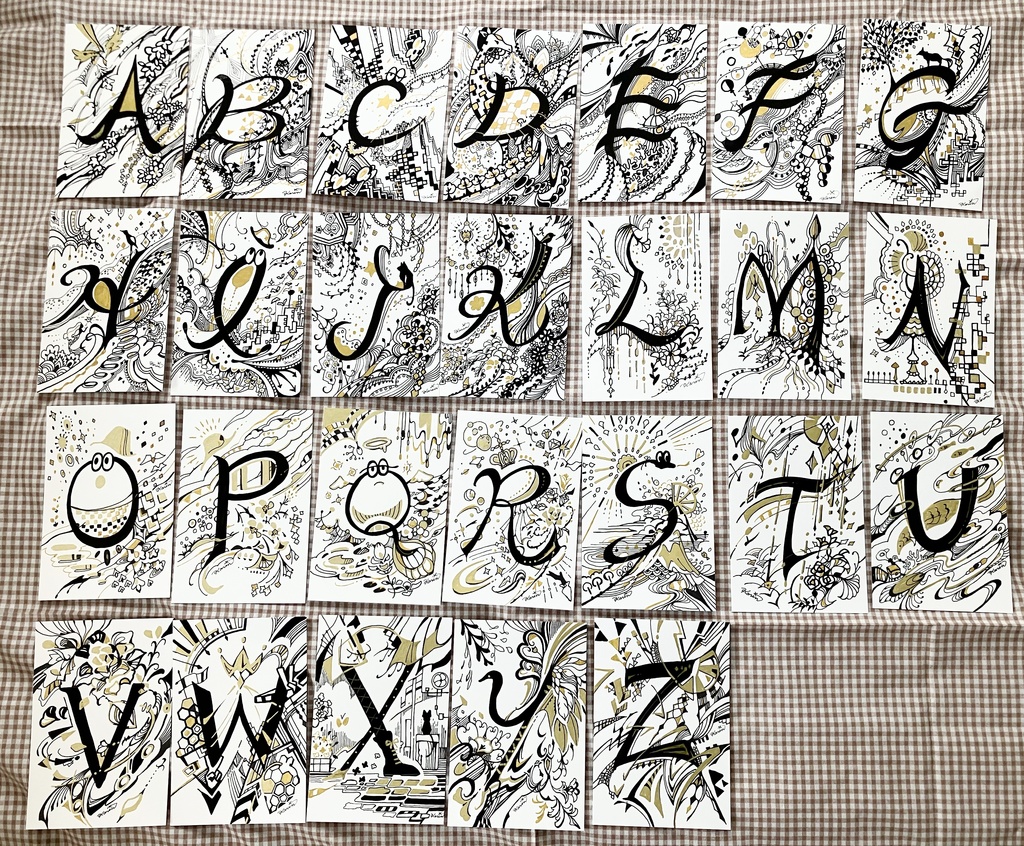 手描きイラスト アルファベットと模様・A~Z 26枚