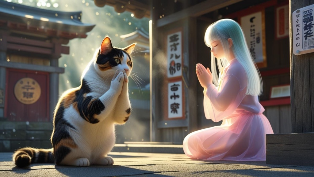 幽町神社 - 祈り猫と白髪の巫女【高解像度DLイラスト】